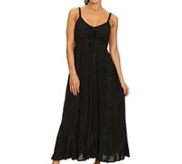 Sakkas 152105 - Allie Stonewashed Embroidered Adjustable Spaghetti Straps Long Dress - Black - L/XL
