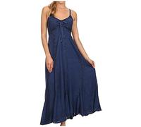 Sakkas 152105 - Allie Stonewashed Embroidered Adjustable Spaghetti Straps Long Dress - Navy - 1X/2X
