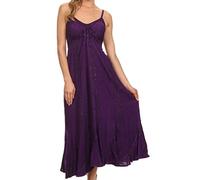 Sakkas 152105 - Allie Stonewashed Embroidered Adjustable Spaghetti Straps Long Dress - Purple - L/XL