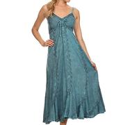 Sakkas 152105 - Allie Stonewashed Embroidered Adjustable Spaghetti Straps Long Dress - Turquoise - L/XL