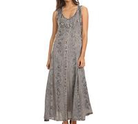 Sakkas 15221 - Maya Floral Embroidegrey Sleeveless Button Up Rayon Dress - Grey - S/M