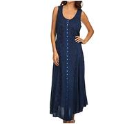 Sakkas 15221 - Maya Floral Embroidered Sleeveless Button Up Rayon Dress - Blue - S/M