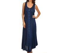 Sakkas 15221 - Maya Floral Embroidered Sleeveless Button Up Rayon Dress - Blue - S/M