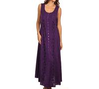 Sakkas 15221 - Maya Floral Embroidered Sleeveless Button Up Rayon Dress - Purple - L/XL