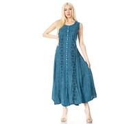 Sakkas 15221 - Maya Floral Embroidered Sleeveless Button Up Rayon Dress - Turquoise - S/M