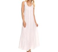 Sakkas 15221 - Maya Floral Embroidered Sleeveless Button Up Rayon Dress - White - L/XL