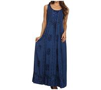 Sakkas 15229 - Stella Long Tank Top Adjustable Caftan Corset Dress with Embroidery - Navy - L/XL