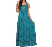 Sakkas 15229 - Stella Long Tank Top Adjustable Caftan Corset Dress with Embroidery - Turquoise - S/M