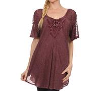 Sakkas 15783 - Ellie Sequin Embroidered Cap Sleeve Scoop Neck Relaxed Fit Blouse - Burgandy - OSP
