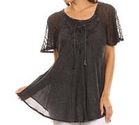 Sakkas 15783 - Ellie Sequin Embroidered Cap Sleeve Scoop Neck Relaxed Fit Blouse - Charcoal - OS