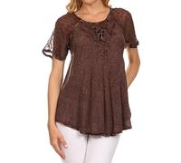 Sakkas 15783 - Ellie Sequin Embroidered Cap Sleeve Scoop Neck Relaxed Fit Blouse - Chocolate - OSP