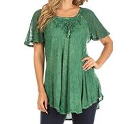 Sakkas 15783 - Ellie Sequin Embroidered Cap Sleeve Scoop Neck Relaxed Fit Blouse - Dark Green - OS
