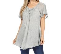 Sakkas 15783 - Ellie Sequin Embroidered Cap Sleeve Scoop Neck Relaxed Fit Blouse - Light Grey - OS
