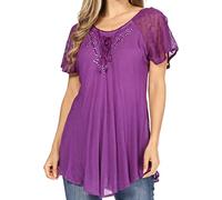 Sakkas 15783 - Ellie Sequin Embroidered Cap Sleeve Scoop Neck Relaxed Fit Blouse - Purple - OS