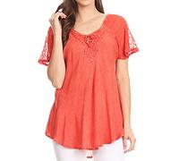Sakkas 15783 - Ellie Sequin Embroidered Cap Sleeve Scoop Neck Relaxed Fit Blouse - Salmon - OS
