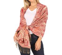 Sakkas 16125 - Kalin Long Wide Woven Patterned Fringe Tassel Pashmina Shawl/Scarf - Red - OS