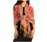 Sakkas 16126 - Liua Long Wide Woven Patterned Design Multi Colored Pashmina Shawl/Scarf - Coral - OS