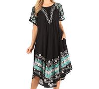 Sakkas 16403 - Elisha Mid Length Batik Caftan Embroidered Cap Sleeves Floral Pattern - Black/Mint - OS