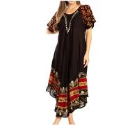 Sakkas 16403 - Elisha Mid Length Batik Caftan Embroidered Cap Sleeves Floral Pattern - Black/Red - OS