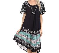 Sakkas 16403 - Elisha Mid Length Batik Caftan Embroidered Cap Sleeves Floral Pattern - Navy/Turquoise - OS