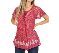 Sakkas 16482 - Ash Speckled Tiedye Embroidered Cap Sleeve Blouse Top With Embroidery Hems - Fuchsia - OSP