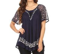 Sakkas 16482 - Ash Speckled Tiedye Embroidered Cap Sleeve Blouse Top with Embroidery Hems - Navy - OSP