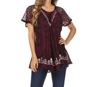 Sakkas 16482 - Ash Speckled Tiedye Embroidered Cap Sleeve Blouse Top With Embroidery Hems - Purple - OSP