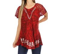 Sakkas 16482 - Ash Speckled Tiedye Embroidered Cap Sleeve Blouse Top with Embroidery Hems - Red - OS
