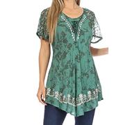 Sakkas 16482 - Ash Speckled Tiedye Embroidered Cap Sleeve Blouse Top With Embroidery Hems - SeaGreen - OSP