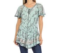 Sakkas 16482 - Ash Speckled Tiedye Embroidered Cap Sleeve Blouse Top With Embroidery Hems - Turq - OS