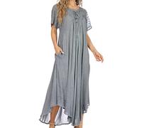 Sakkas 16603 - Egan Long Embroidered Caftan Dress/Cover Up with Embroidered Cap Sleeves - A-Azur - OS