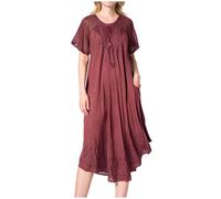 Sakkas 16603 - Egan Long Embroidered Caftan Dress/Cover Up With Embroidered Cap Sleeves - A-Burgandy - OS
