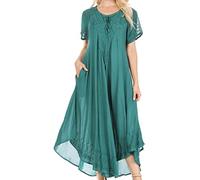 Sakkas 16603 - Egan Long Embroidered Caftan Dress/Cover Up with Embroidered Cap Sleeves - A-ForestGreen - OS