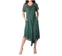 Sakkas 16603 - Egan Long Embroidered Caftan Dress/Cover Up With Embroidered Cap Sleeves - A-ForestGreen - OS