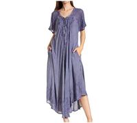 Sakkas 16603 - Egan Long Embroidered Caftan Dress/Cover Up with Embroidered Cap Sleeves - A-Indigo - OS