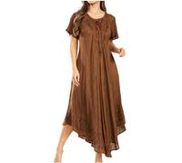 Sakkas 16603 - Egan Long Embroidered Caftan Dress/Cover Up With Embroidered Cap Sleeves - A-Rust - OS