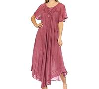 Sakkas 16603 - Egan Long Embroidered Caftan Dress/Cover Up with Embroidered Cap Sleeves - A-Sangria - OS