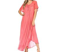 Sakkas 16603 - Egan Long Embroidered Caftan Dress/Cover Up With Embroidered Cap Sleeves - A-SaSakkaslmon - OS