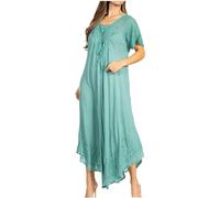 Sakkas 16603 - Egan Long Embroidered Caftan Dress/Cover Up With Embroidered Cap Sleeves - A-Seafoam - OS