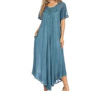 Sakkas 16603 - Egan Long Embroidered Caftan Dress/Cover Up With Embroidered Cap Sleeves - A-SteelBlue - OS