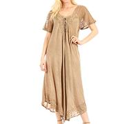 Sakkas 16603 - Egan Long Embroidered Caftan Dress/Cover Up with Embroidered Cap Sleeves - Beige - OS