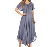 Sakkas 16603 - Egan Long Embroidered Caftan Dress/Cover Up with Embroidered Cap Sleeves - Denim Blue - OS