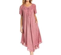 Sakkas 16603 - Egan Long Embroidered Caftan Dress/Cover Up with Embroidered Cap Sleeves - Fuchsia - OS