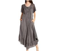 Sakkas 16603 - Egan Long Embroidered Caftan Dress/Cover Up with Embroidered Cap Sleeves - Grey - OS