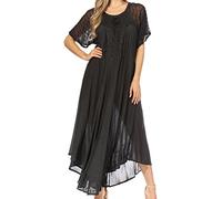 Sakkas 16603 - Egan Long Embroidered Caftan Dress/Cover Up with Embroidered Cap Sleeves - P-Black - OS