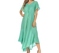 Sakkas 16603 - Egan Long Embroidered Caftan Dress/Cover Up with Embroidered Cap Sleeves - P-EmeraldGreen - OS