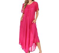 Sakkas 16603 - Egan Long Embroidered Caftan Dress/Cover Up With Embroidered Cap Sleeves - P-Fuschia - OS