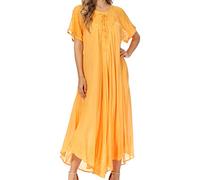 Sakkas 16603 - Egan Long Embroidered Caftan Dress/Cover Up with Embroidered Cap Sleeves - P-Marigold - OS