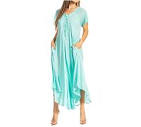 Sakkas 16603 - Egan Long Embroidered Caftan Dress/Cover Up with Embroidered Cap Sleeves - P-Mint - OS