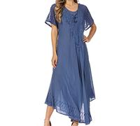 Sakkas 16603 - Egan Long Embroidered Caftan Dress/Cover Up With Embroidered Cap Sleeves - P-Navy - OS